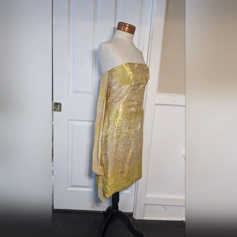 Tracy Reese Metallic Gold Strapless Brocade Dress With Silk Cape - Picture 2 of 5